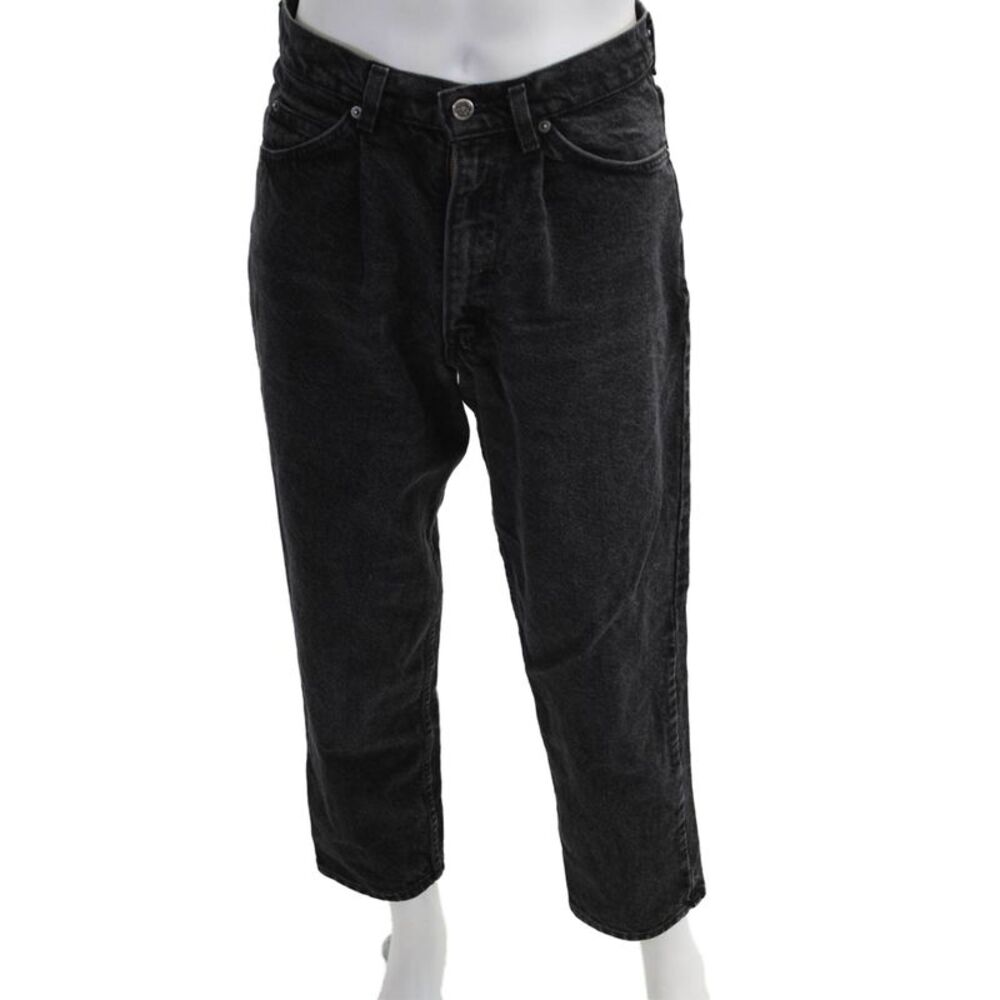 Designer Mens Cropped Straight Jeans Black Cotton Blend Button Fly Size 33